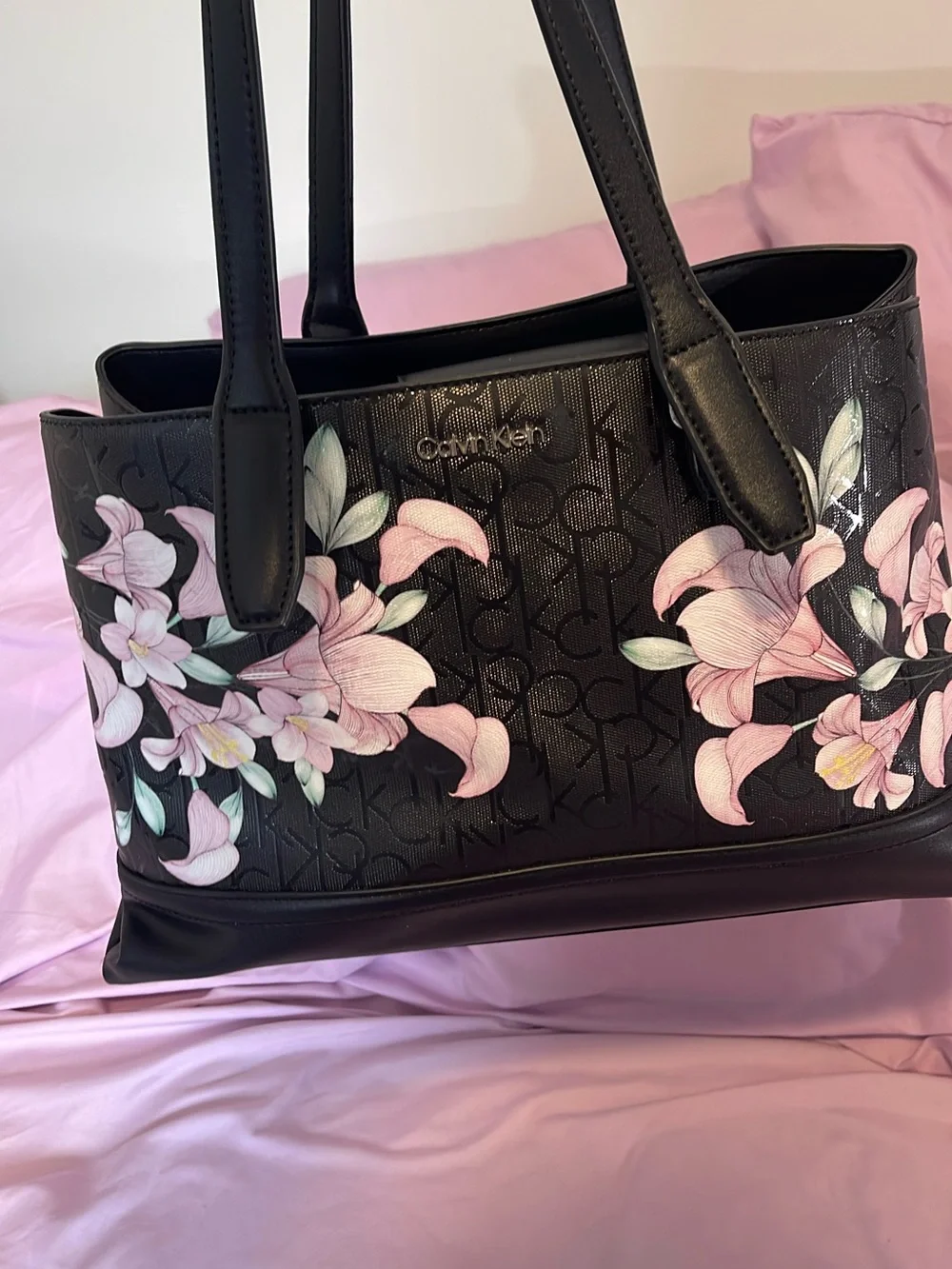 Calvin Klein Black Tote with Pink Floral Accents
